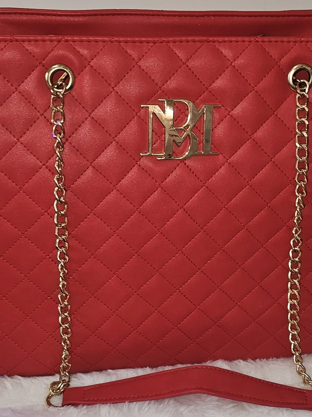 Badgley Mischka Red Quilted Tote with Gold Chain Handles